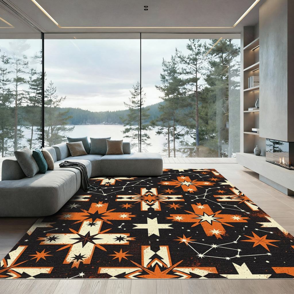 Celestial Orange and Black Geometric Star Rug