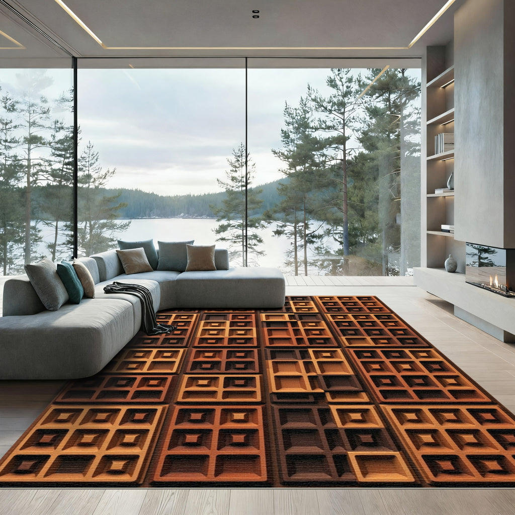 Geometric Chocolate Waffle Grid Rug