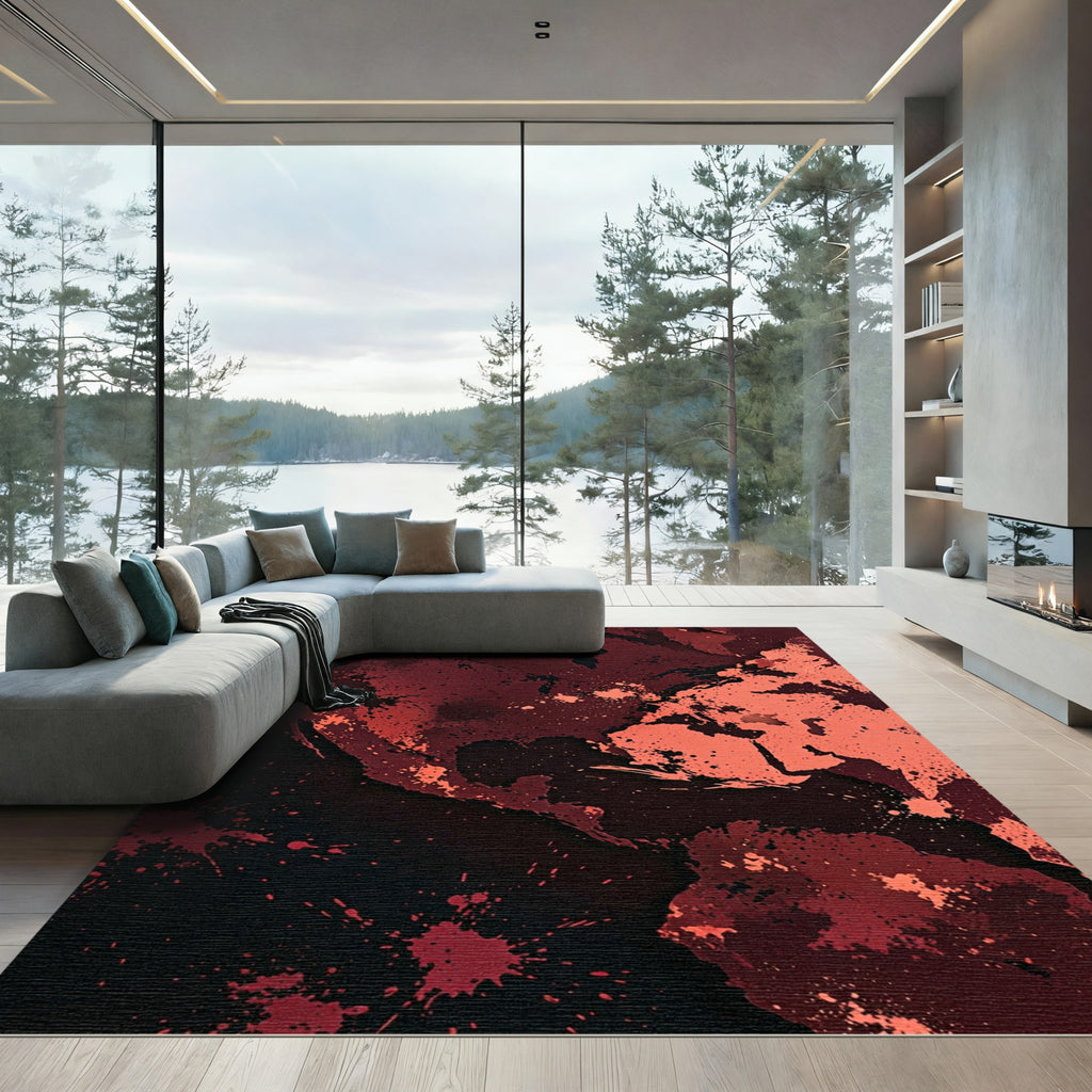 Crimson Splatter Abstract Earth Map Rug