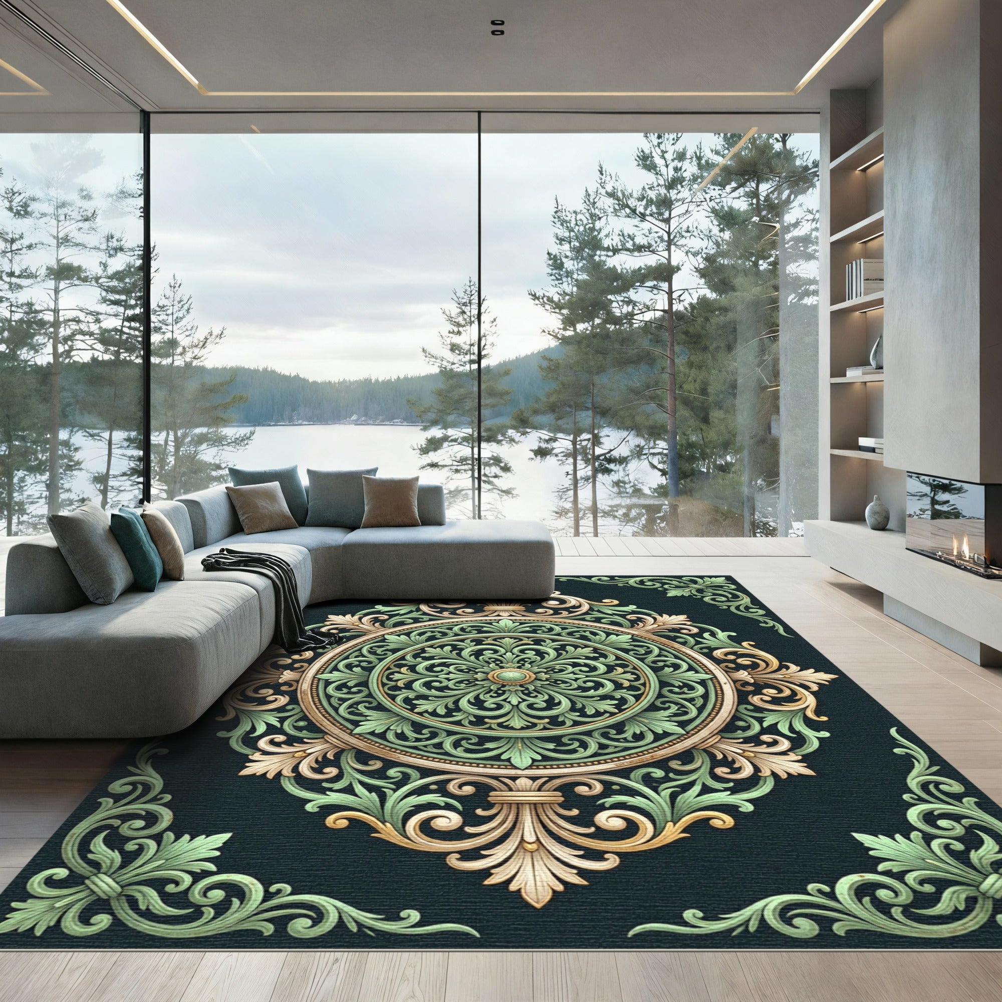 Ornate Sage and Gold Damask Medallion Rug