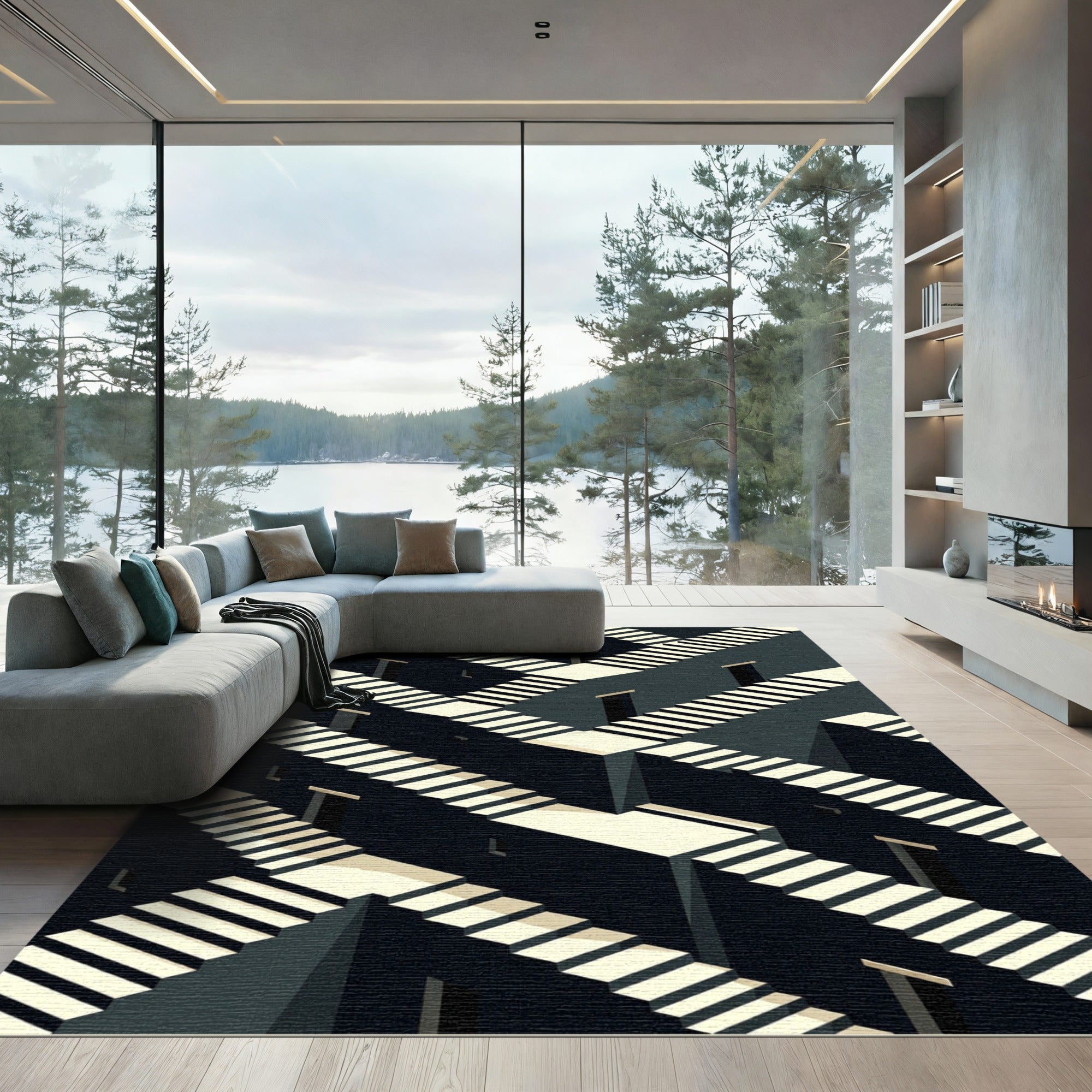 Dark Geometric Impossible Staircase Layout Rug