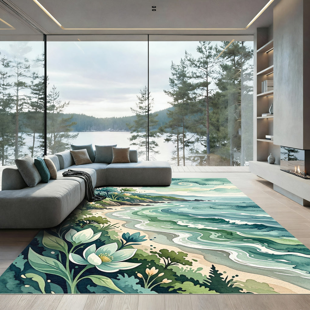Watercolor Coastal Fern and Flower Landscape Rug