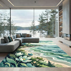 Watercolor Coastal Fern and Flower Landscape Rug