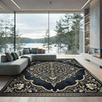 Ornate Gold Floral Medallion Charcoal Backdrop Rug