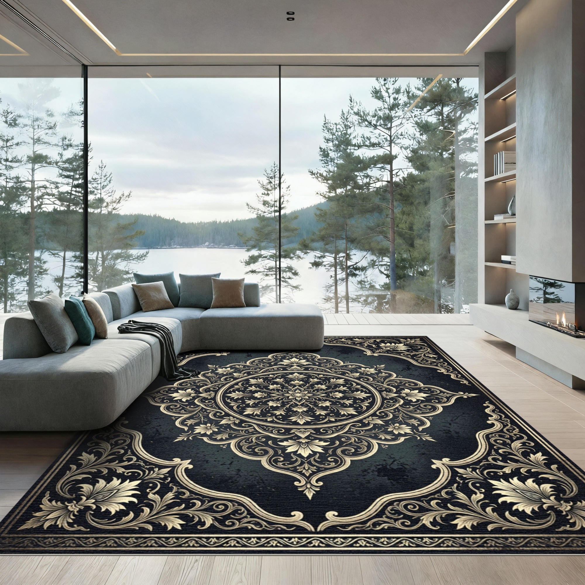 Ornate Gold Floral Medallion Charcoal Backdrop Rug