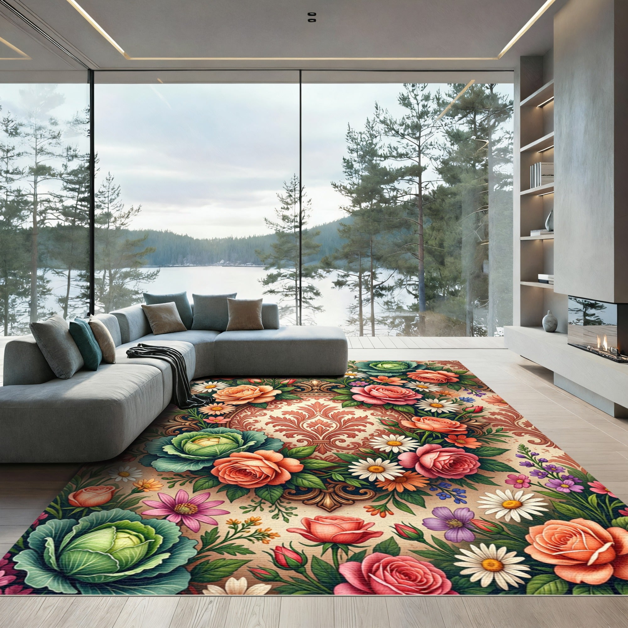Elegant Victorian Rose and Cabbage Bouquet Rug