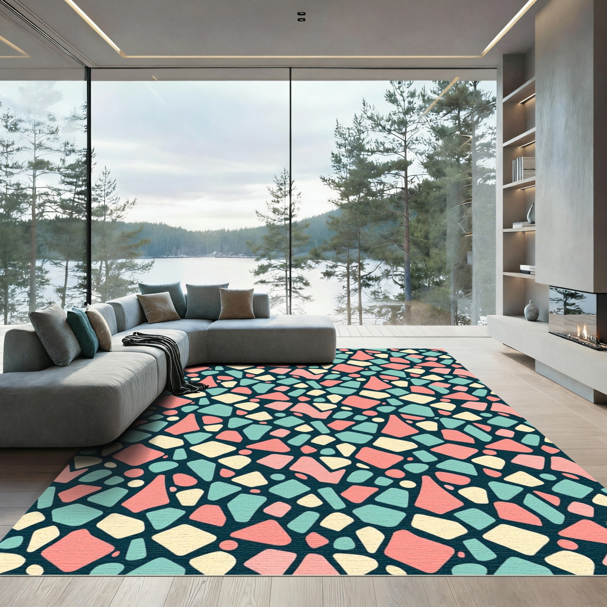 Mid-Century Teal Pink Cream Mosaic Terrazzo Rug