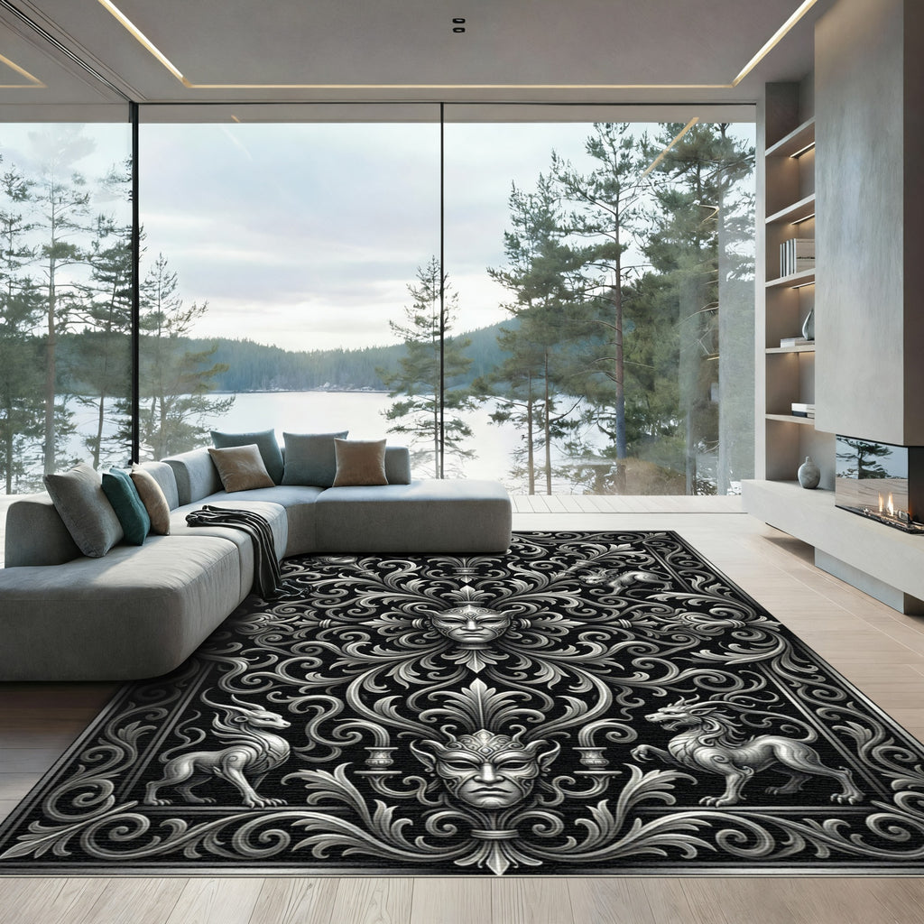 Monochrome Baroque Mask Filigree Scrollwork Art Rug