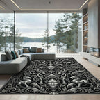 Monochrome Baroque Mask Filigree Scrollwork Art Rug