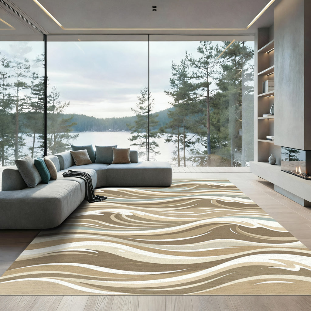 Serene Earthy Abstract Flowing Wave Rug