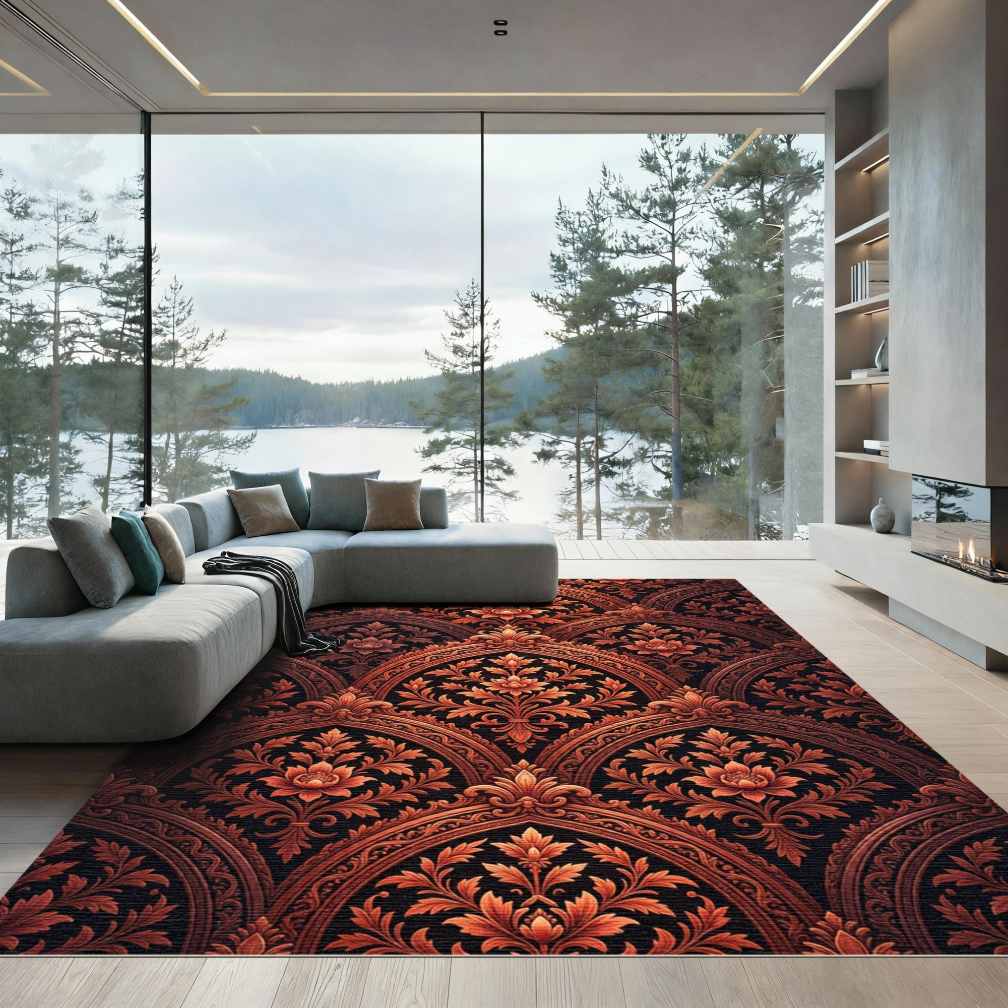 Ornate Copper Floral Arch Pattern Rug
