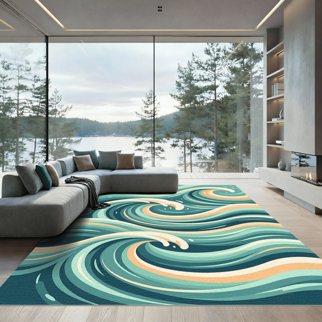 Abstract Teal and Peach Swirling Wave Rug