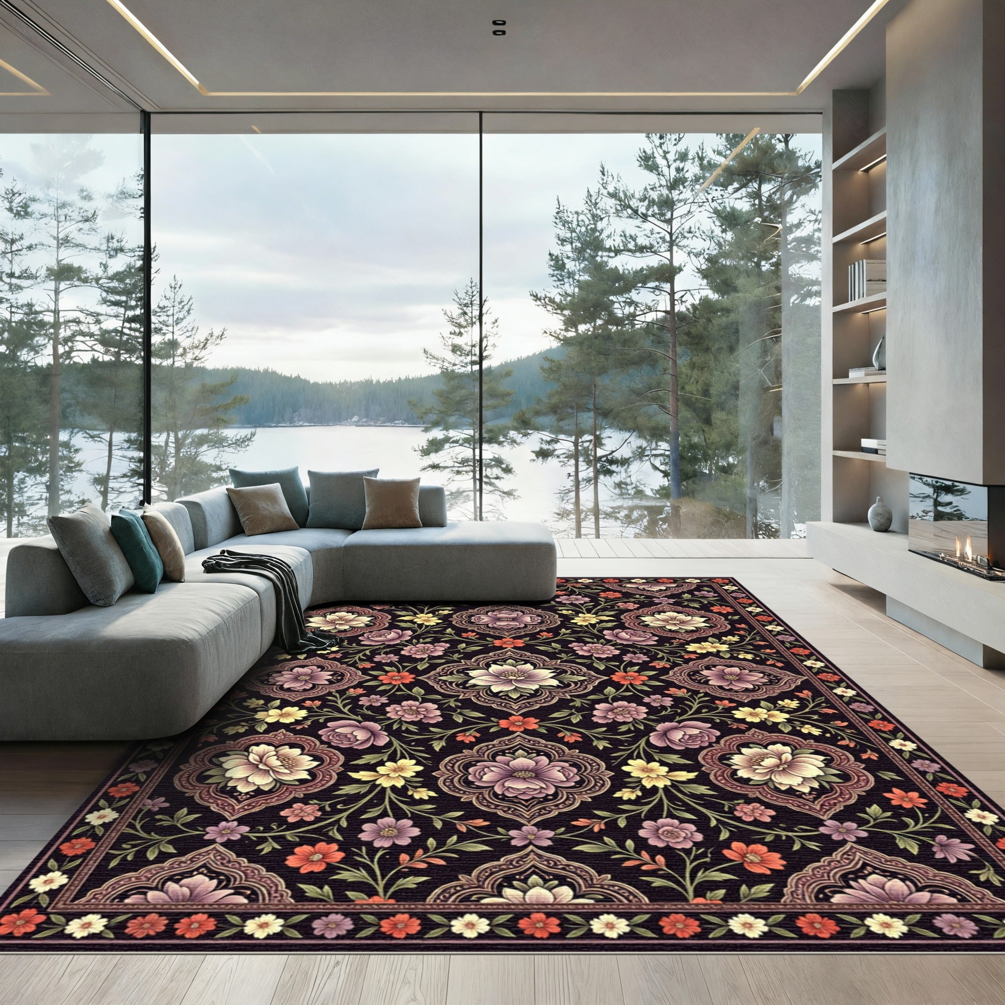 Ornate Floral Medallion Violet Yellow Rug