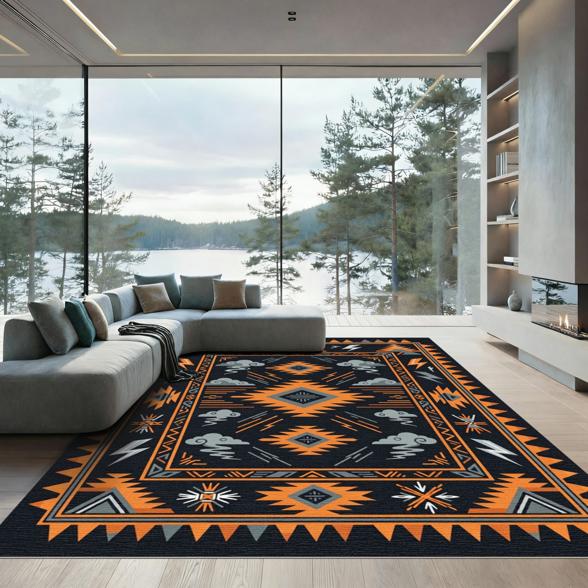 Bold Orange Black Geometric Lightning Rug