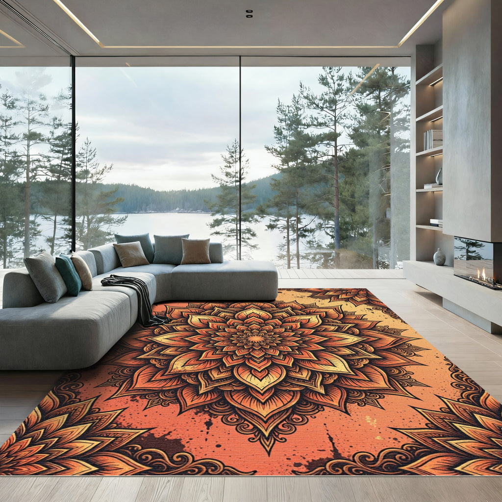 Sunset Orange Floral Lotus Mandala Rug