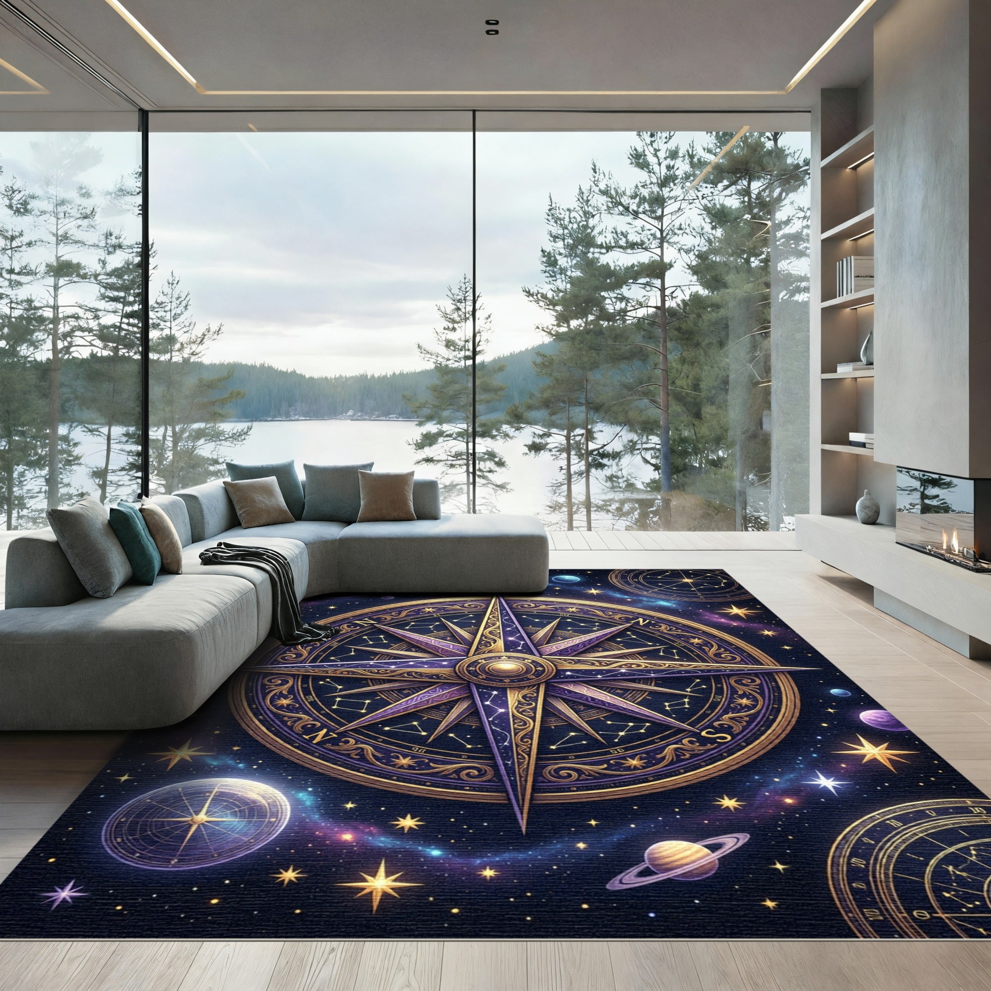 Cosmic Celestial Gold Constellation Compass Rug