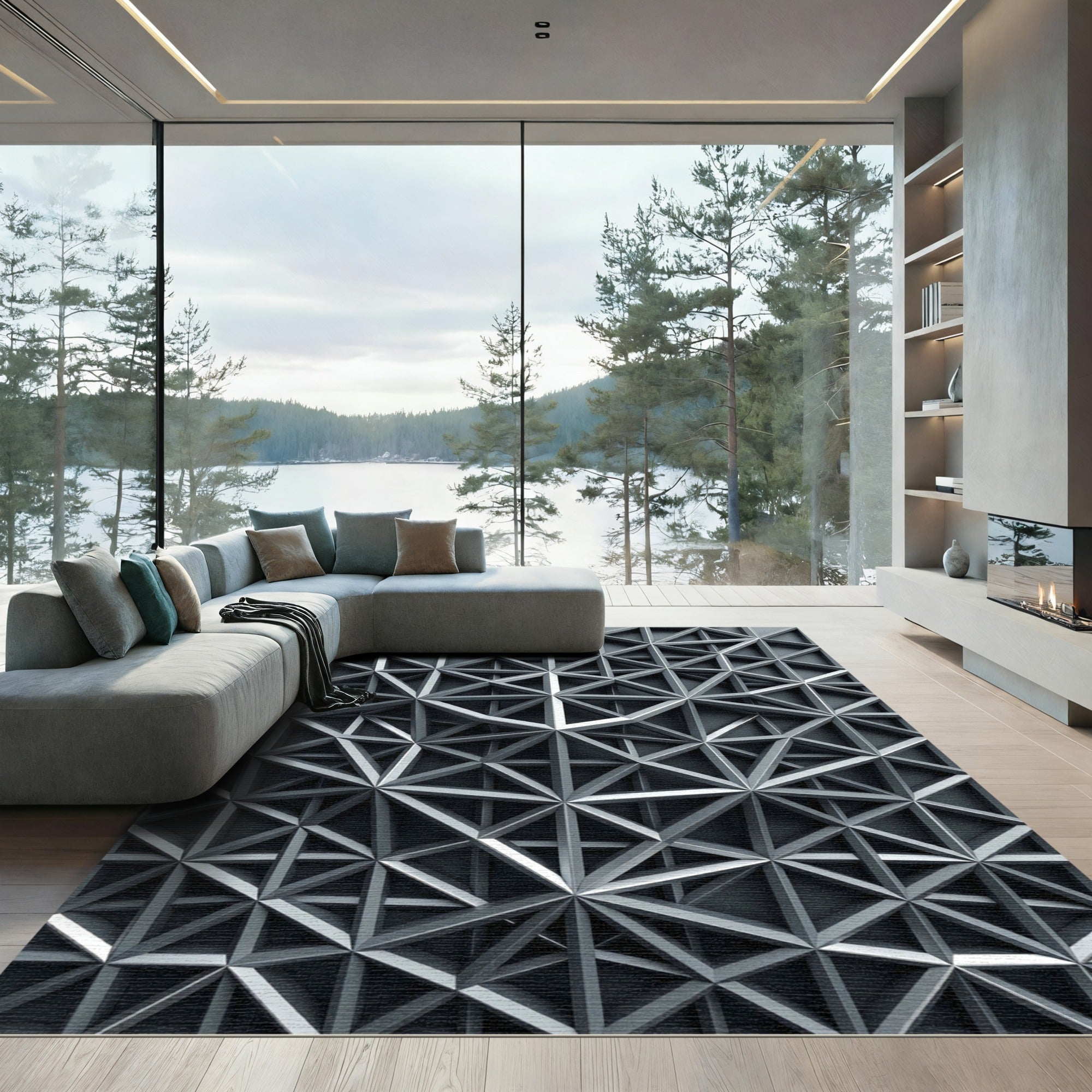 Silver Metallic Geometric Lattice Rug