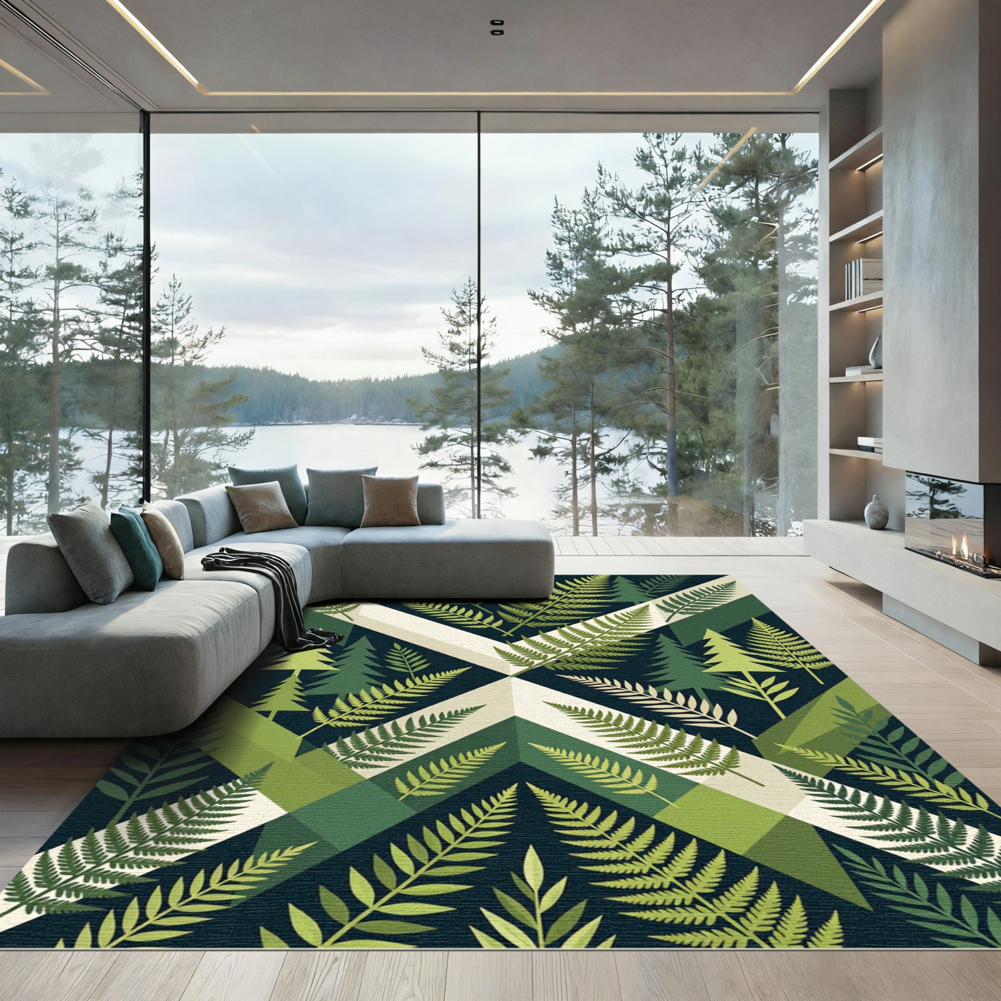 Green Fern Forest Geometric Abstraction Rug