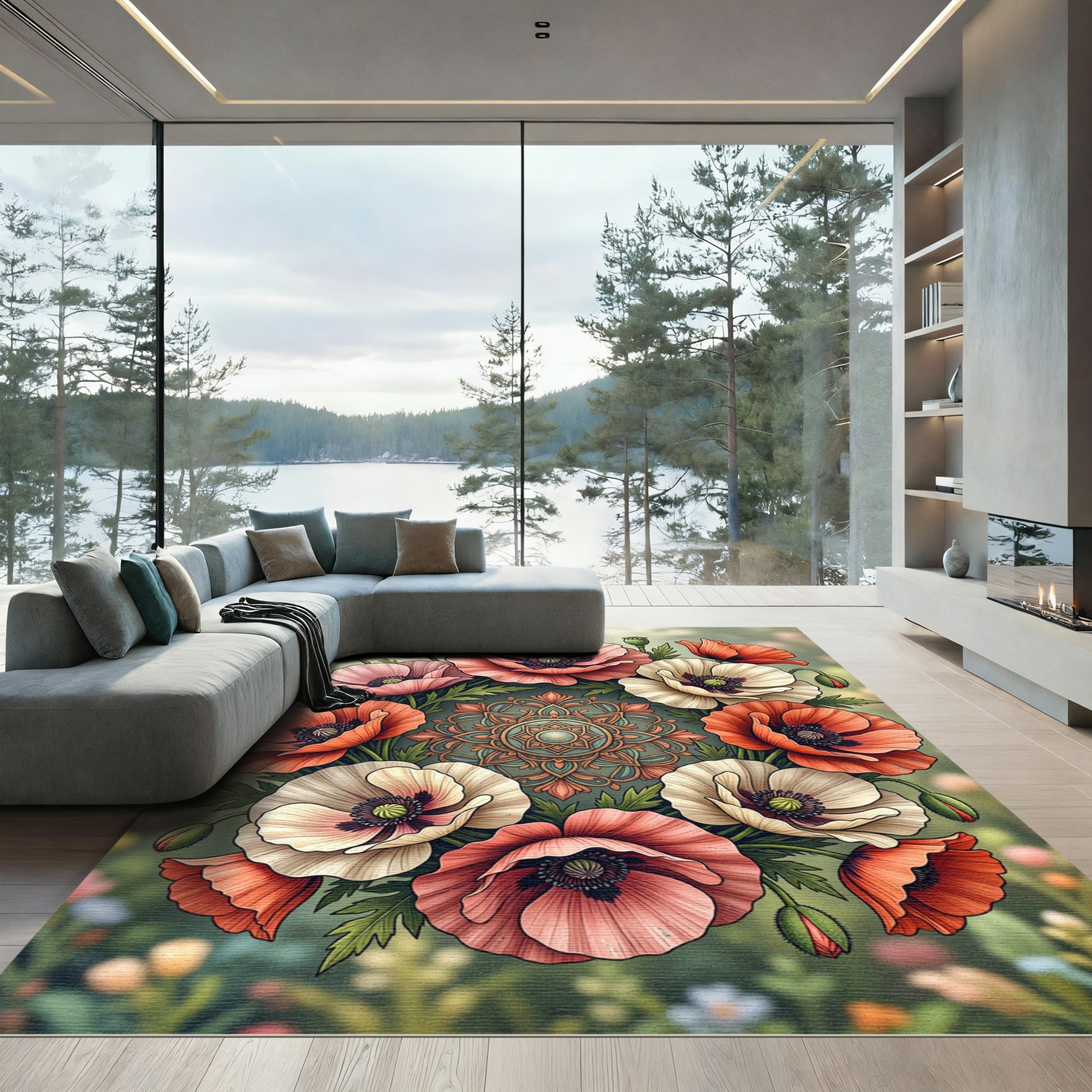 Vibrant Floral Poppies with Ornate Medallion Rug