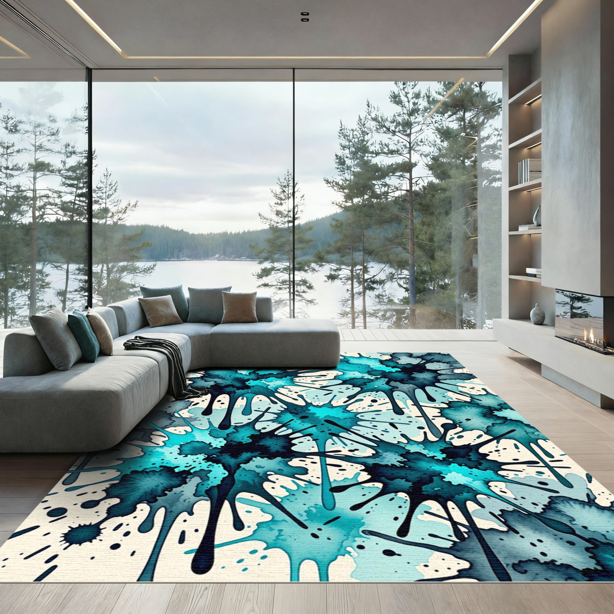 Abstract Teal Ink Splatter Liquid Art Rug