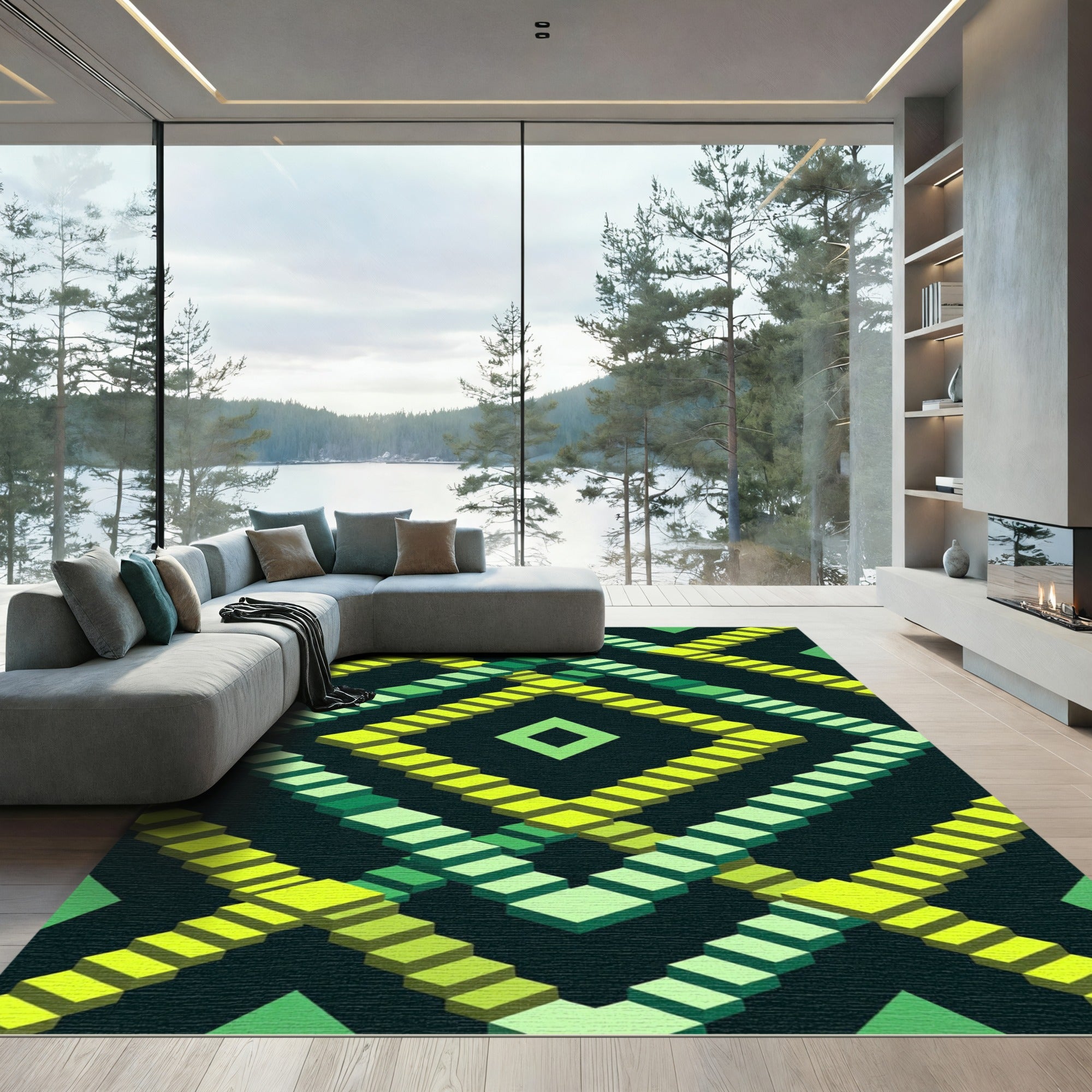 Green Diamond Step Geometric Rug