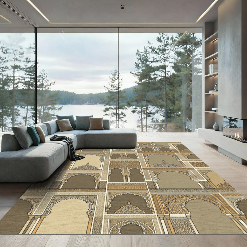 Brown And Gold Geometric Arch Arrangement Rug