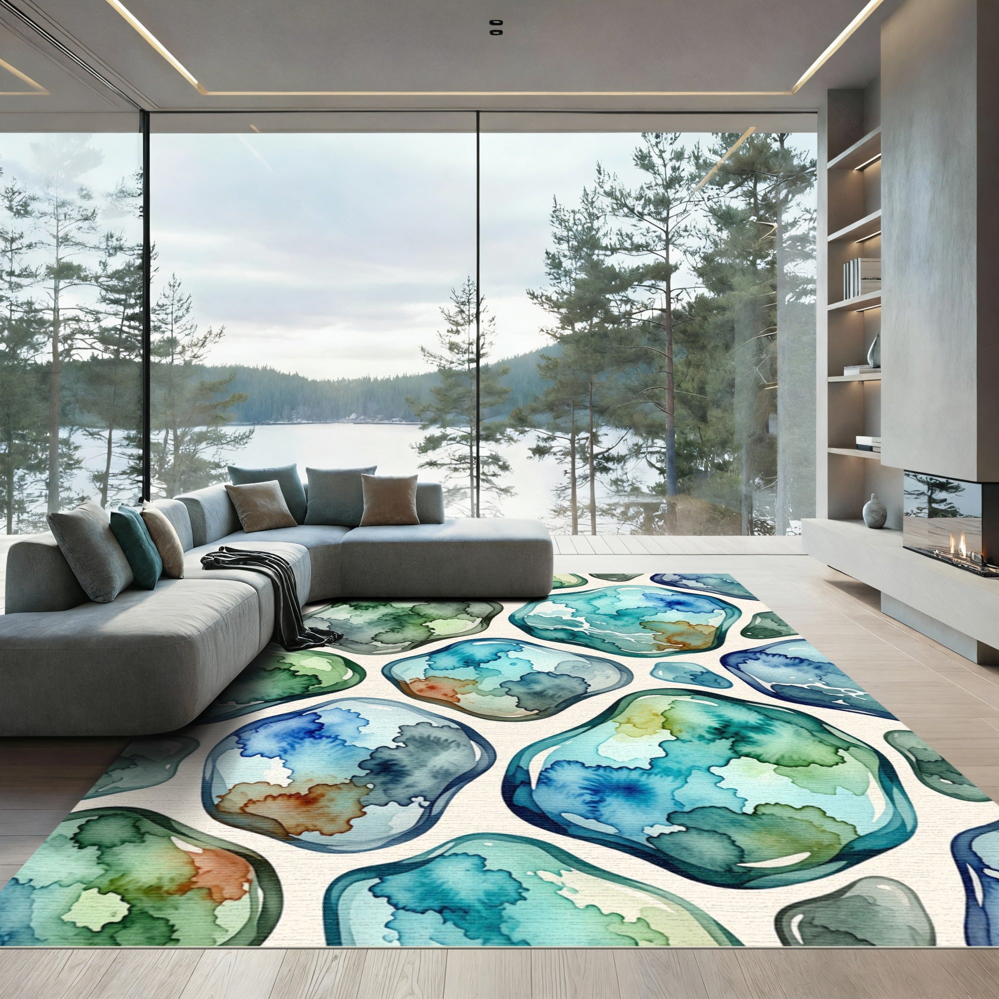 Watercolor Teal Coastal Pebble Abstract Rug