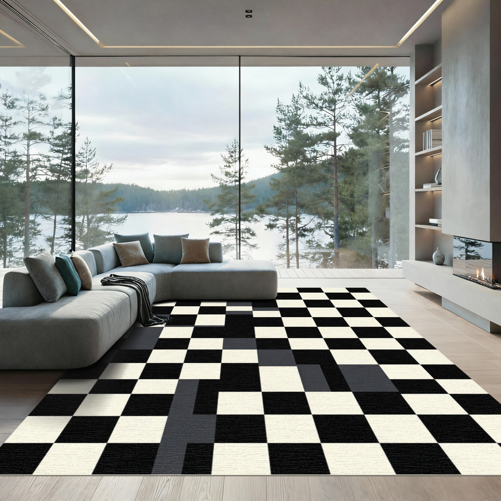Monochromatic Graphic Checkerboard Arrangement Rug
