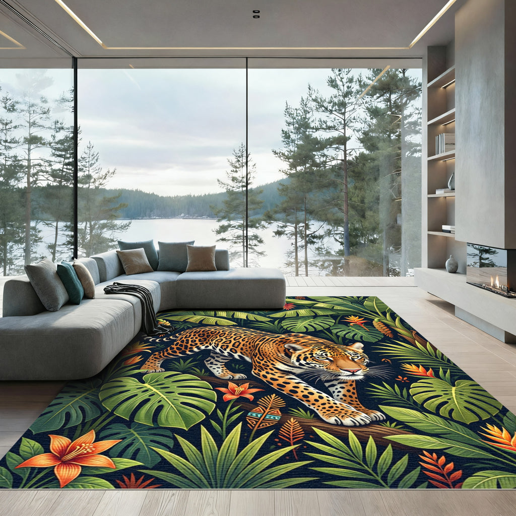 Vibrant Tropical Leopard Jungle Foliage Rug