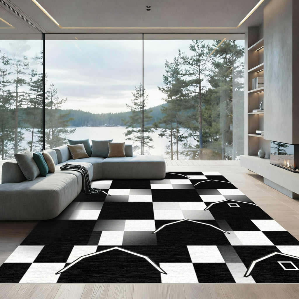 Monochromatic Graphic Barn Silhouette Checkered Area Rug