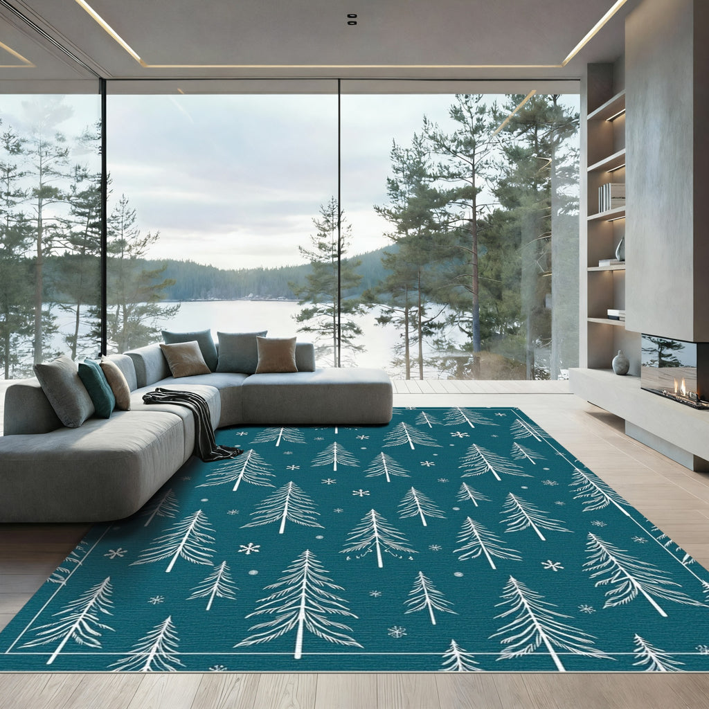 Deep Teal Winter Forest Snowflakes Rug