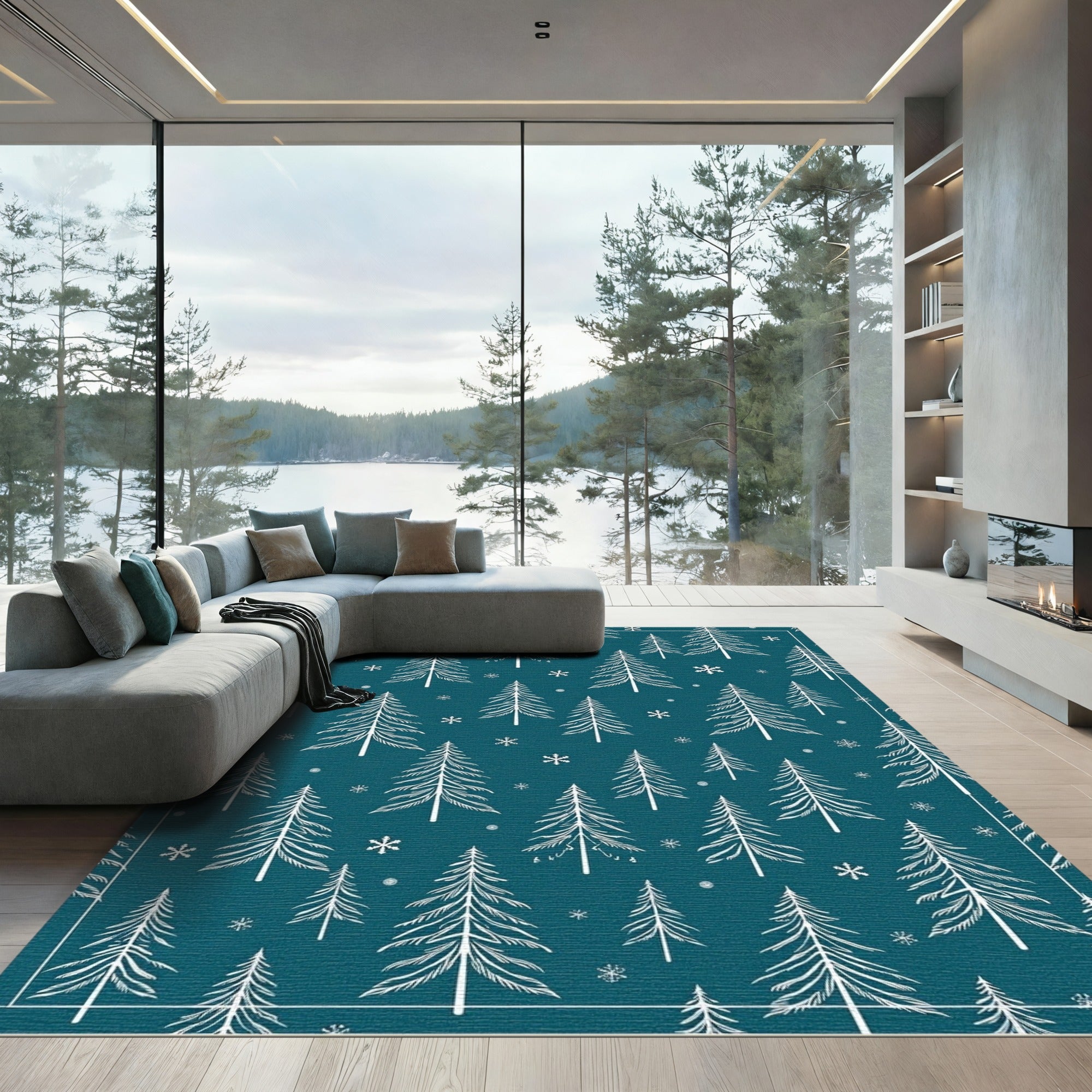 Deep Teal Winter Forest Snowflakes Rug