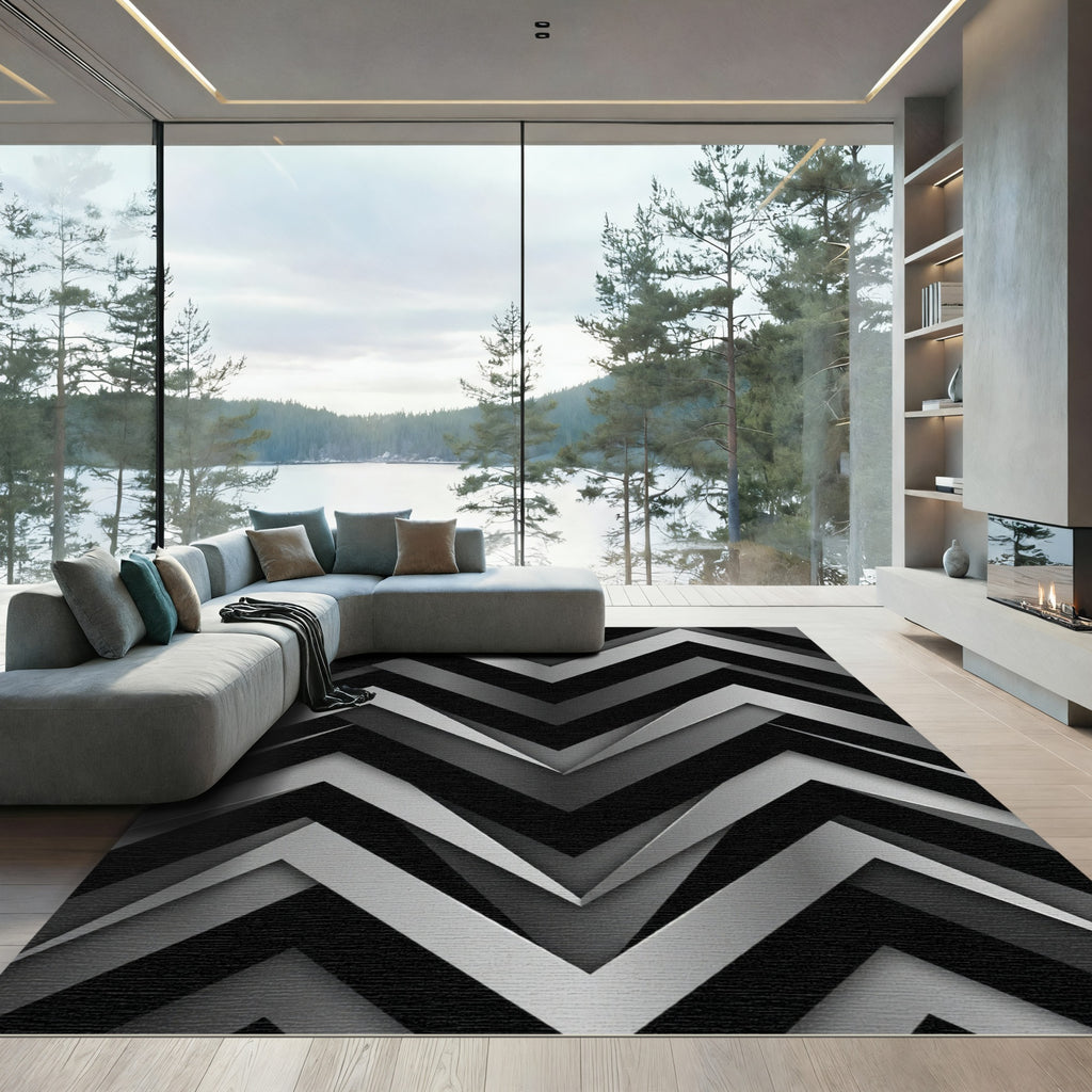 Abstract Black Gray Chevron Rug