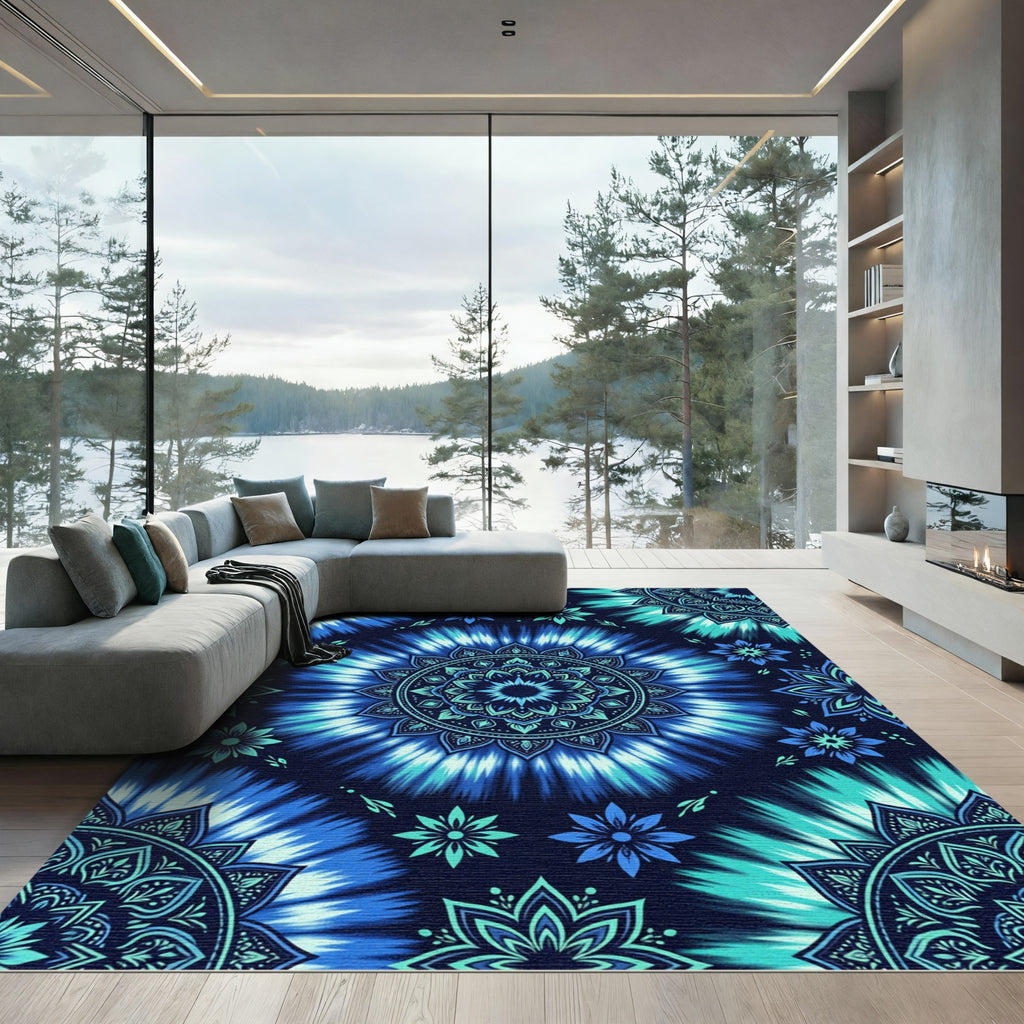 Vibrant Blue Tie Dye Mandala Rug