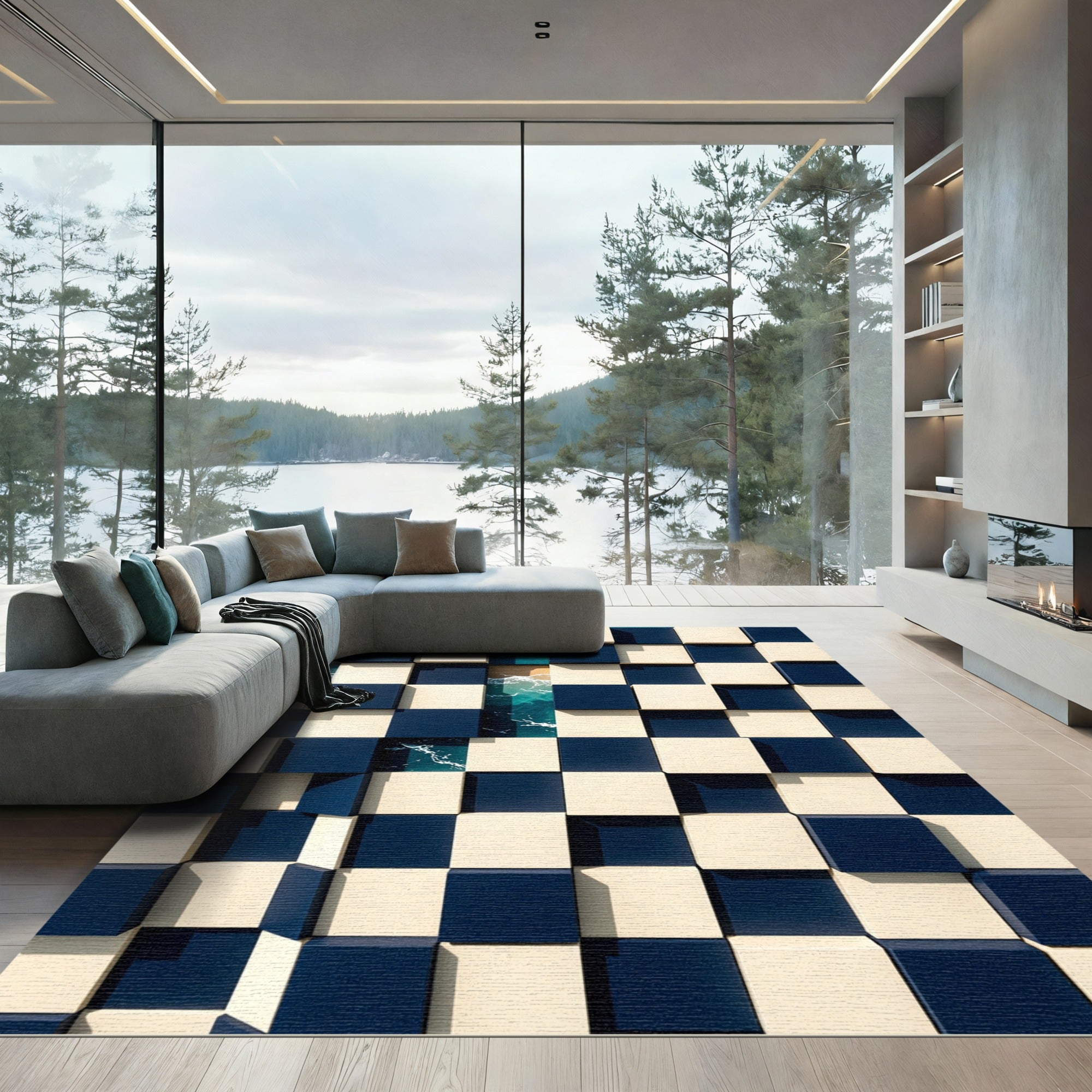 Navy and Cream Geometric Ocean Shift Rug