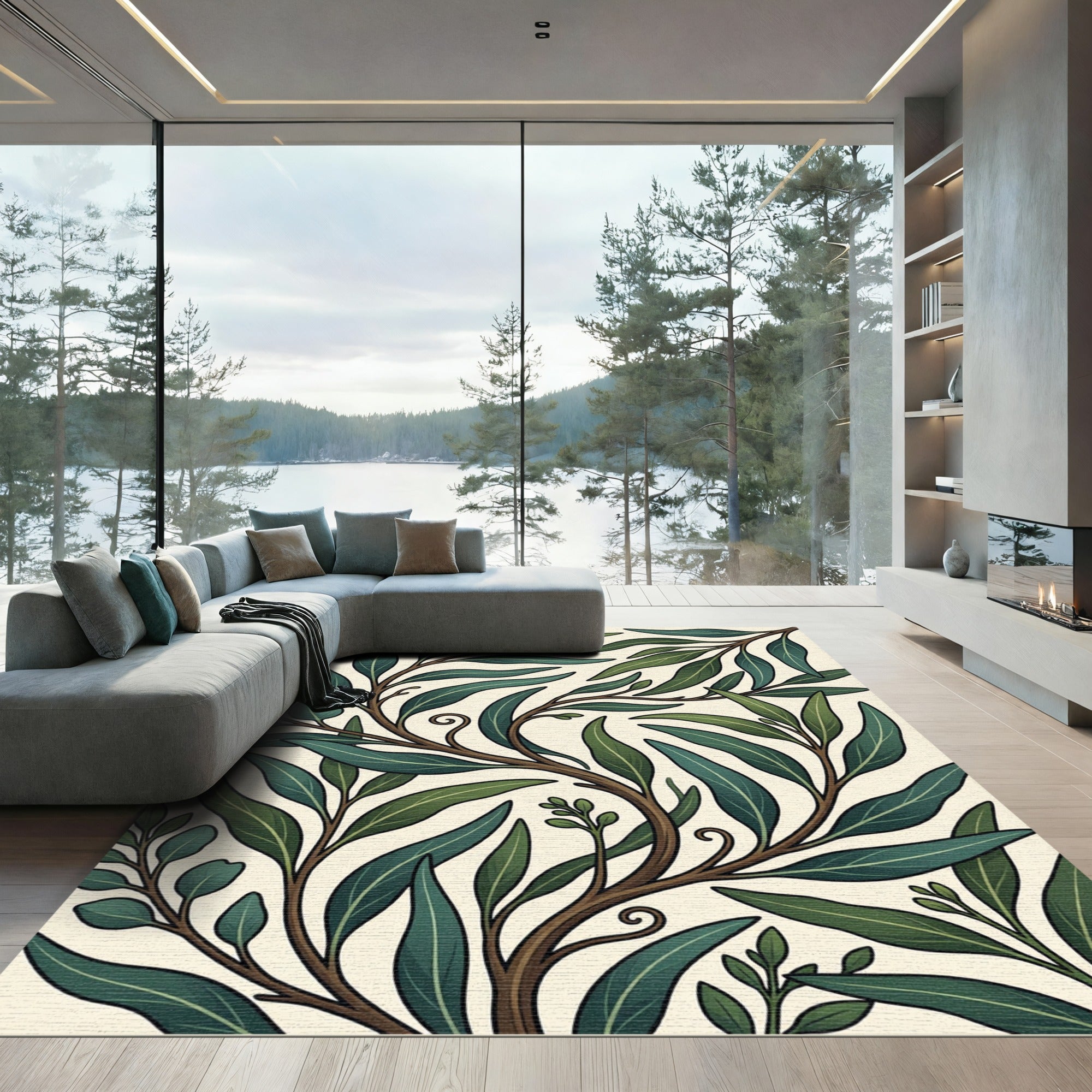 Lush Green Eucalyptus Botanical Foliage Rug