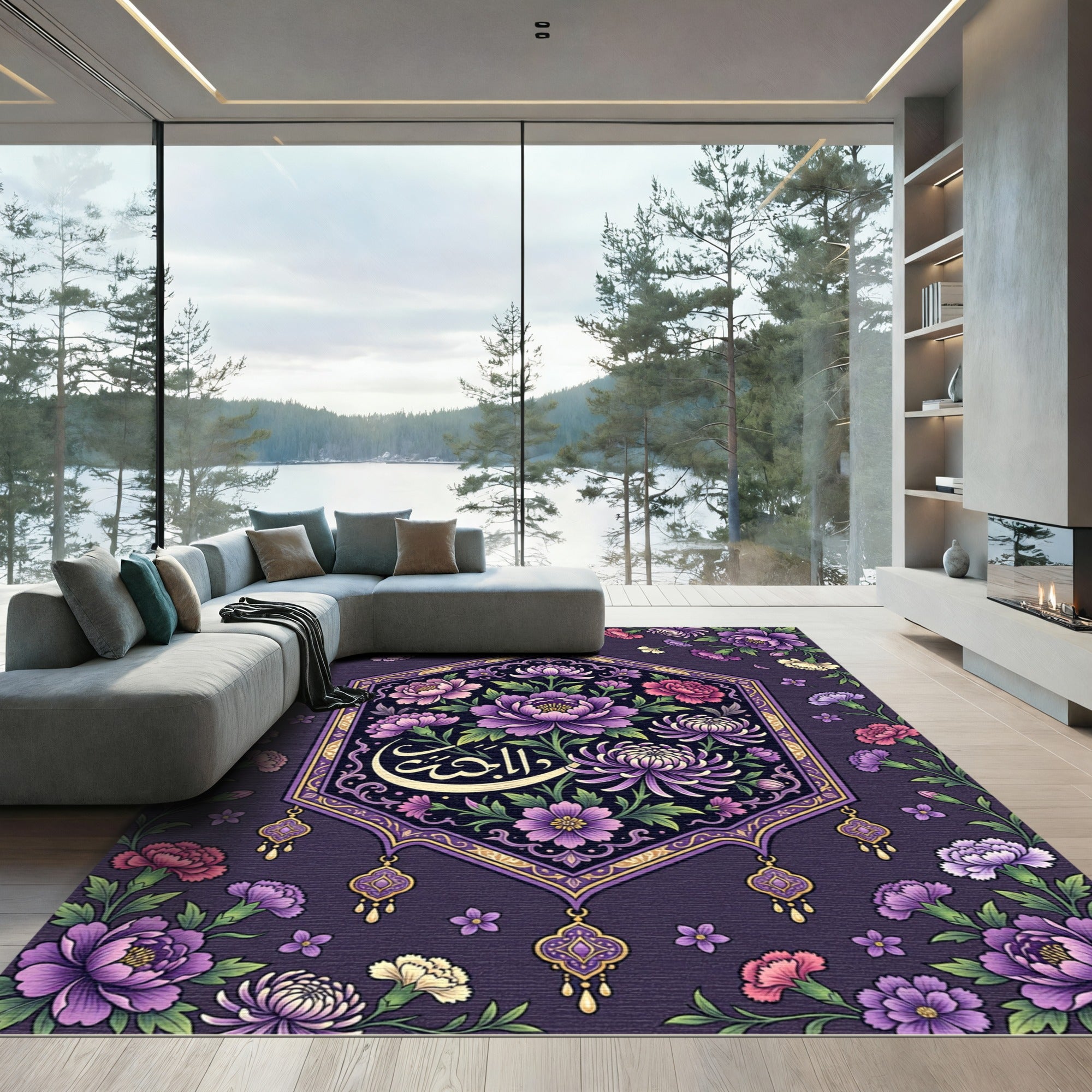 Elegant Violet Peony Crescent Floral Medallion Rug