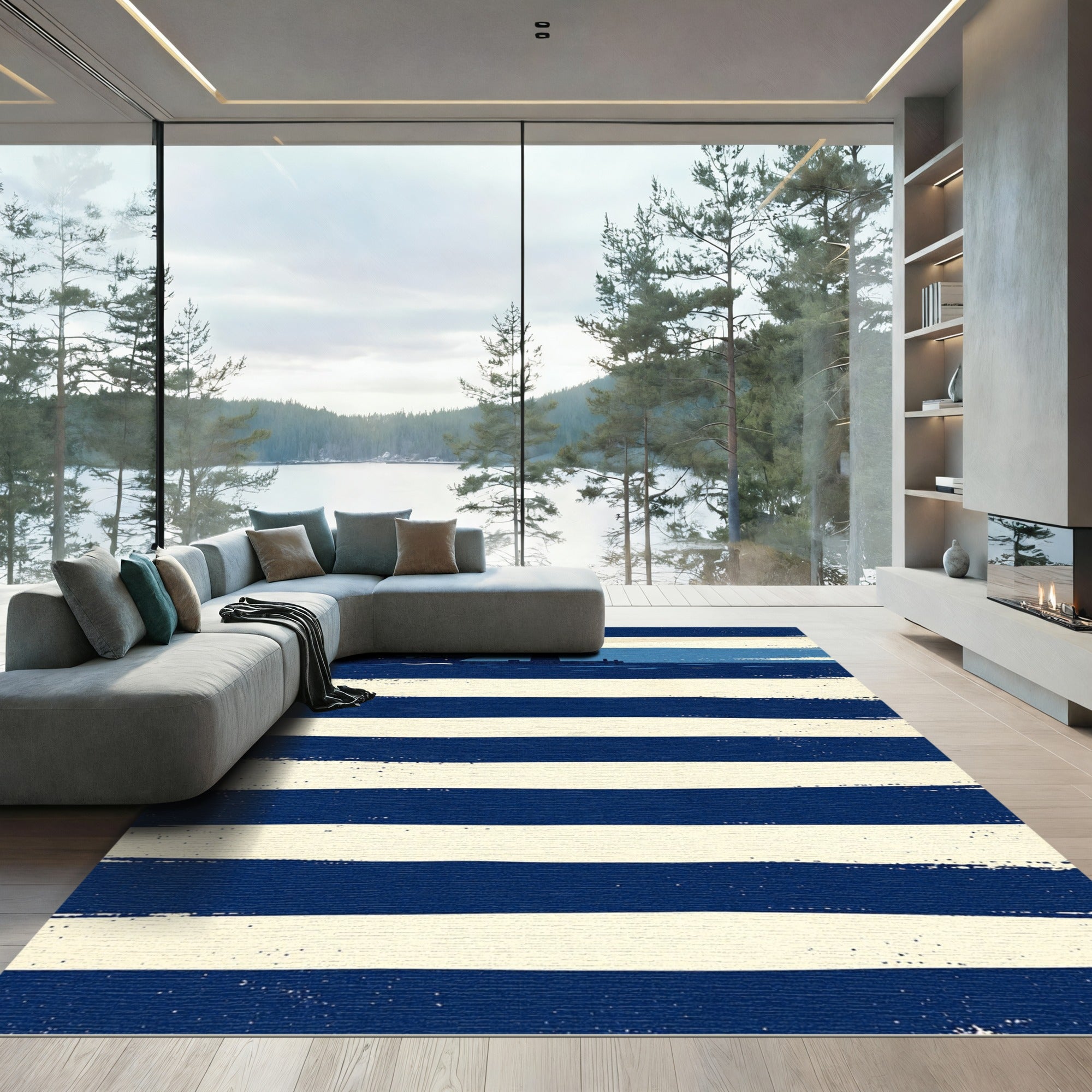 Nautical Striped Shoreline Lighthouse Ship Rug