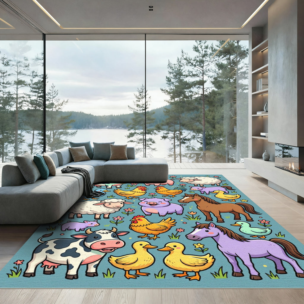 Whimsical Pasture Animals and Floral Meadow Rug