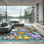Whimsical Pasture Animals and Floral Meadow Rug
