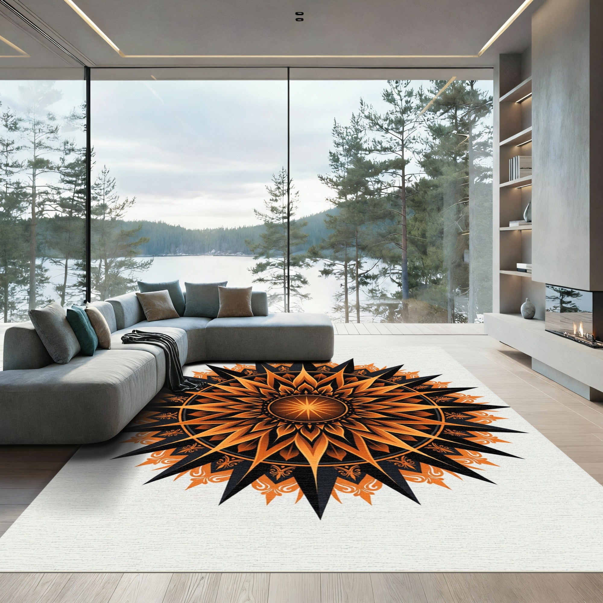 Radiant Black and Orange Sun Mandala Rug