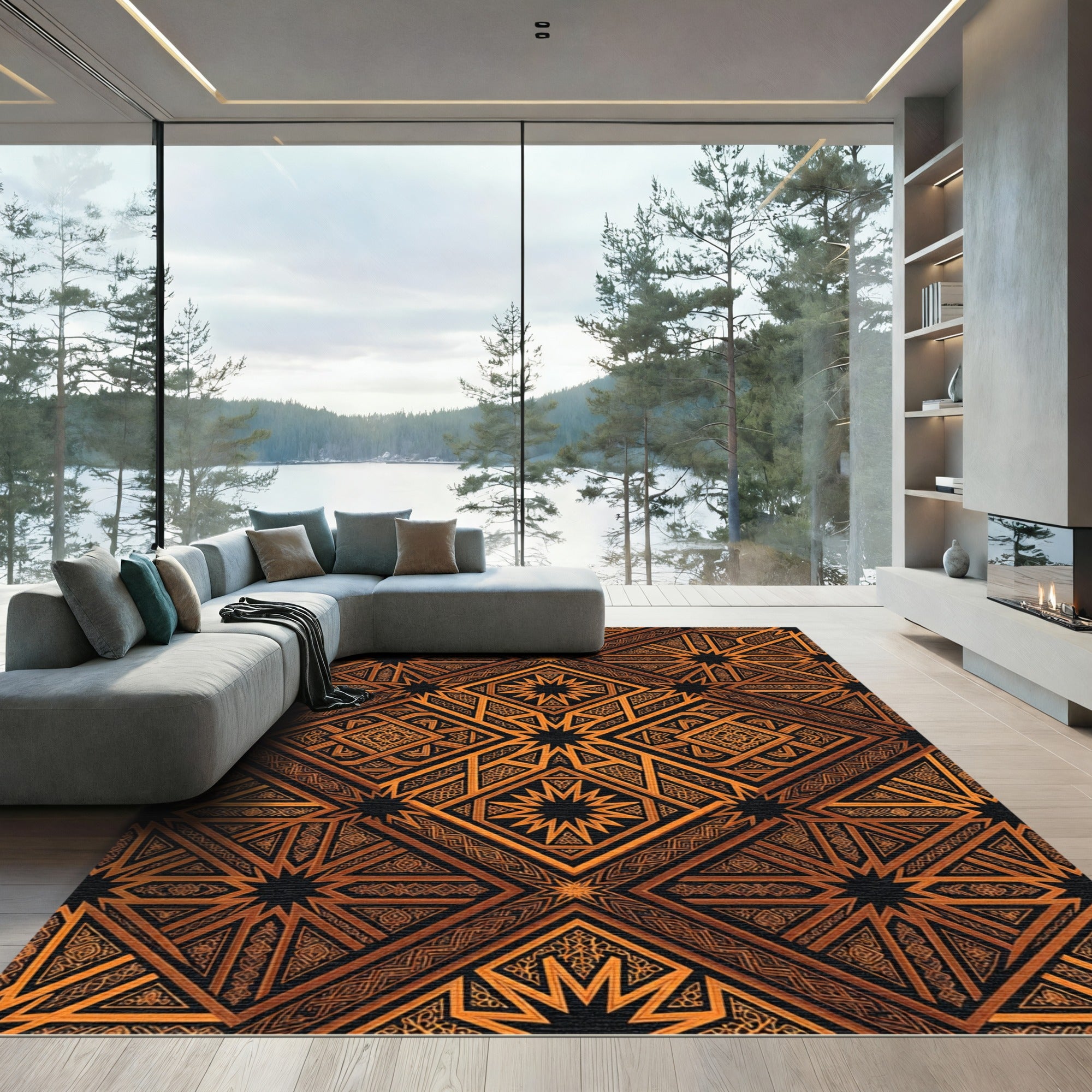 Ornate Orange Geometric Star Rug
