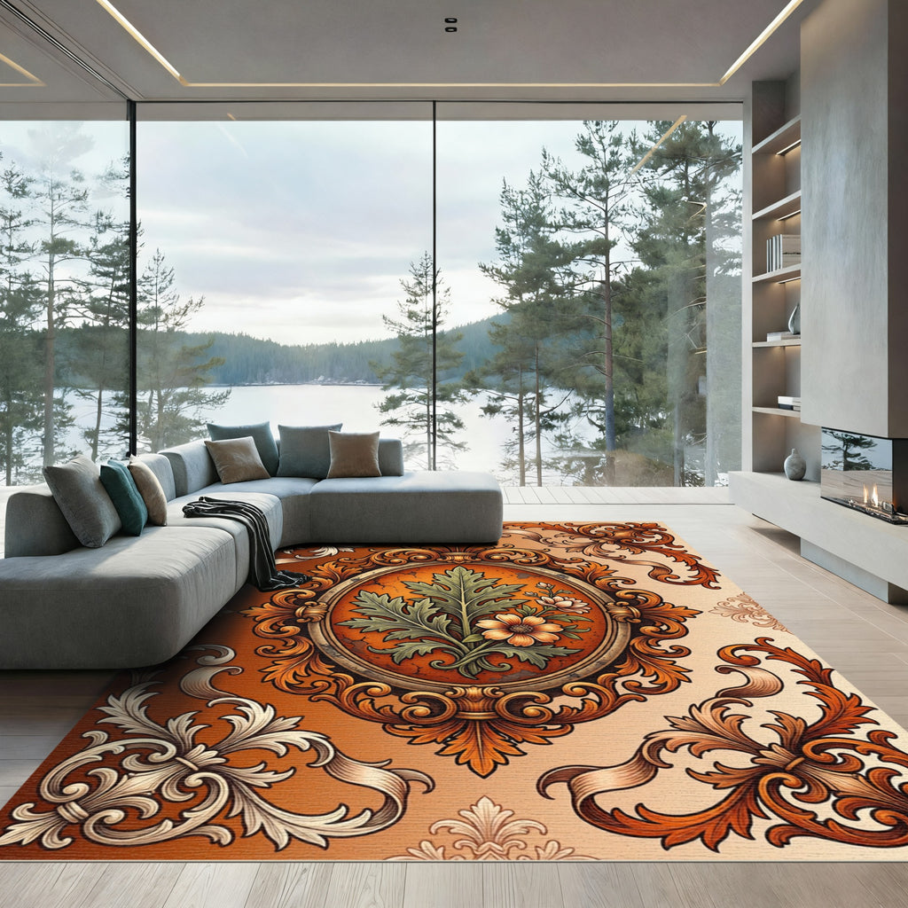 Ornate Burnt Orange Floral Filigree Rug