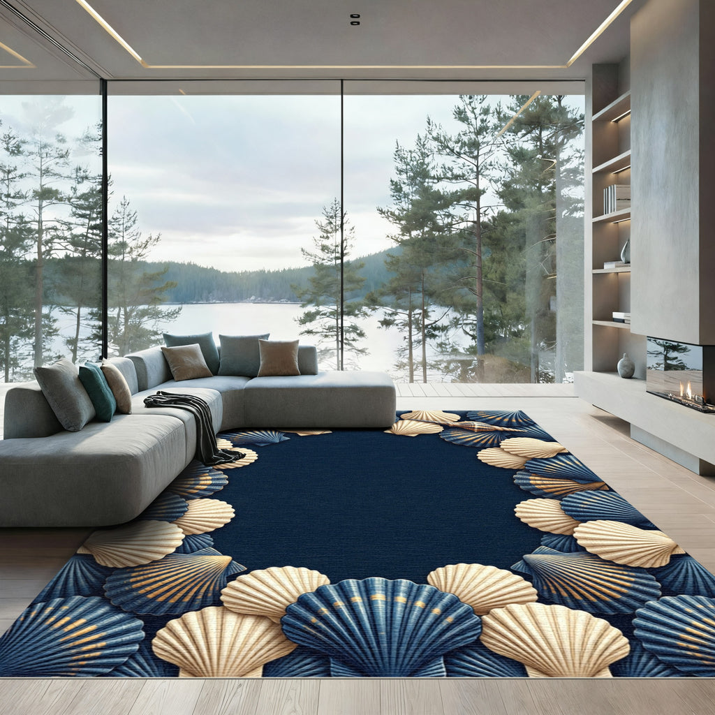 Coastal Navy and Cream Shell Border Rug