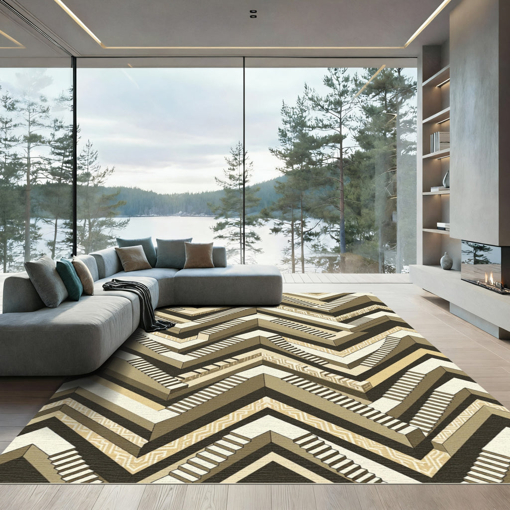 Geometric Staircase Illusion Khaki Rug