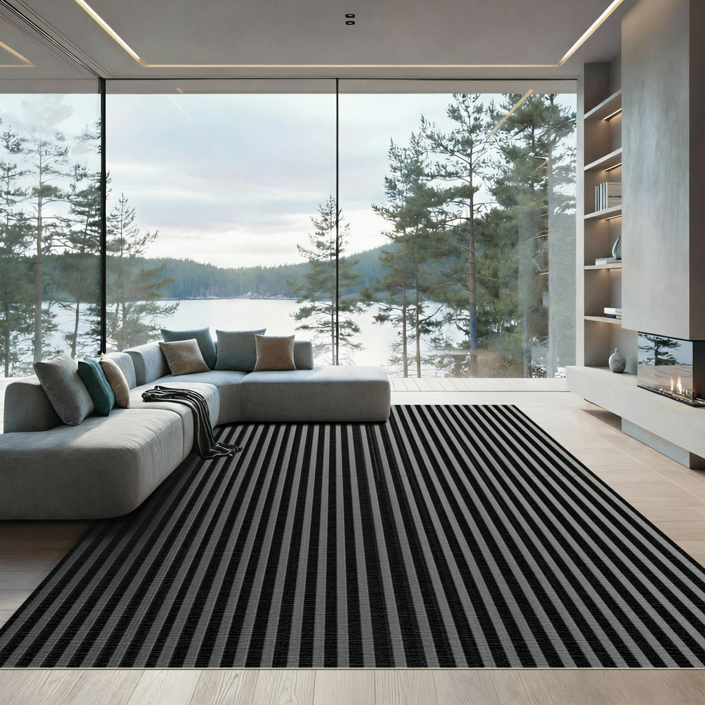 Modern Black Vertical Stripe Rug