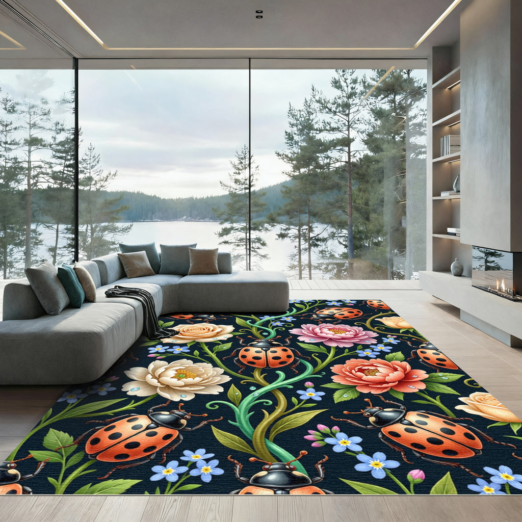 Whimsical Ladybug Floral Garden Rug