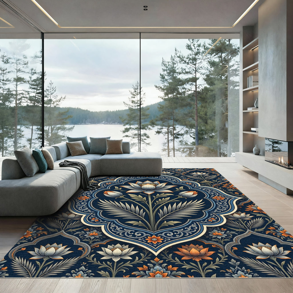 Elegant Navy Lotus Floral Medallion Rug