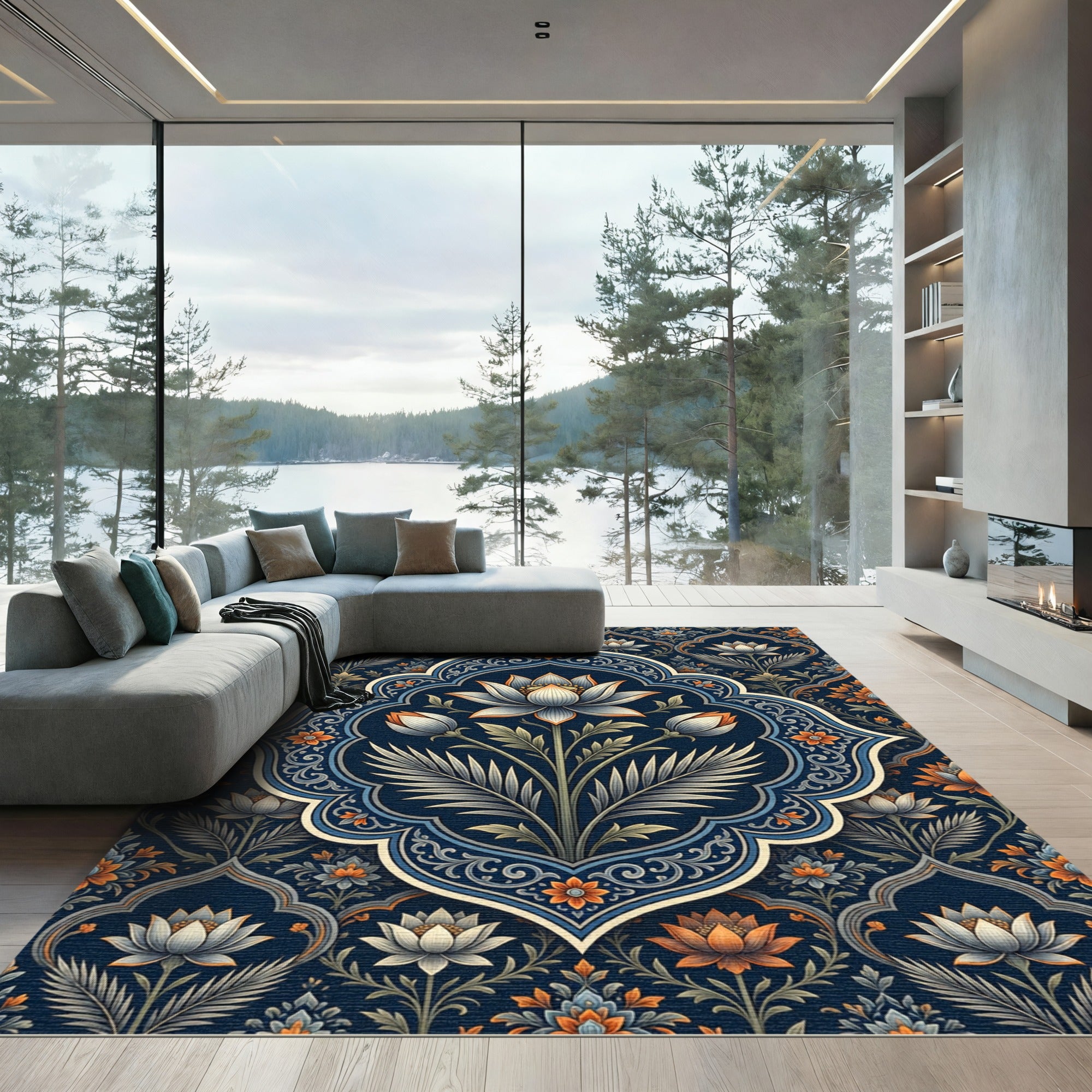 Elegant Navy Lotus Floral Medallion Rug