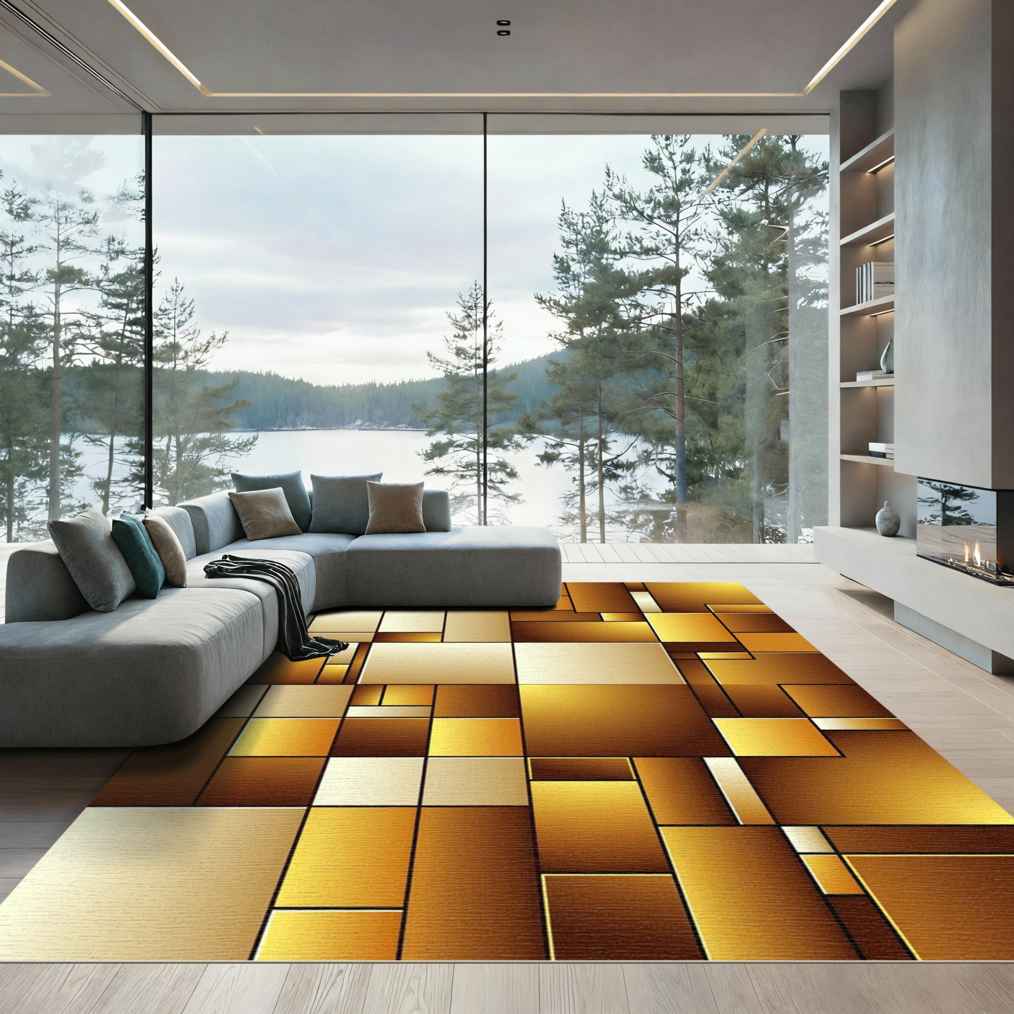 Modern Golden Geometric Abstract Block Rug